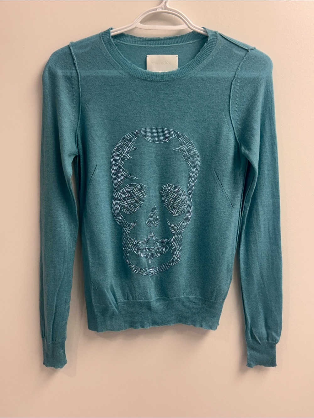 Zadig & Voltaire Teal Cashmere Crewneck Skull Embellished Sparkly Sweater